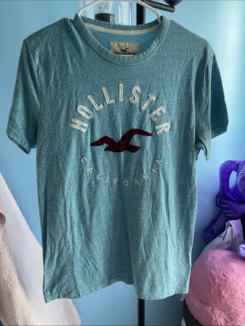 Hollister Seafoam Blue Logo Tee with Maroon Seagull